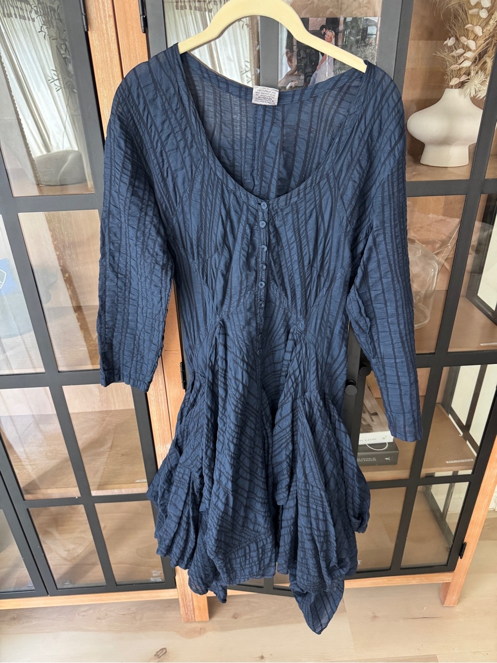 Vintage 90s Luna Luz Textured Crinkle Handkerchief Hem Dress Navy whimsygoth